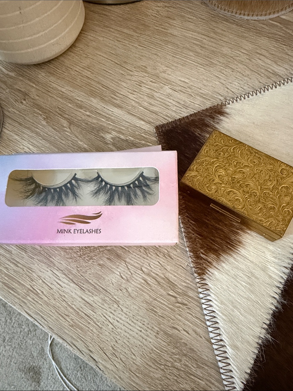 3 Mink Eyelashes and vintage gold metal music box mirror!